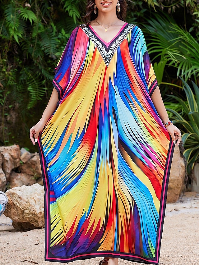  Damen Badeanzug Zudecken Schwimm-Kleid Bademode Patchwork Urlaub Strandbekleidung Graphic V Ausschnitt Langarm Badeanzüge