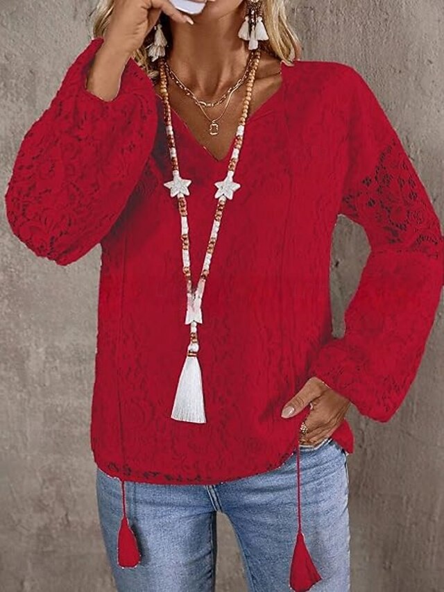  Kvinders hvide elegante blonde tops øjeklip bluse afslappet ensfarvet almindelige tops langærmet V-hals blonde patchwork almindelig pasform dagligt romantisk petite tops sommerferie slid hvid rød