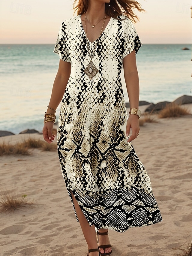  Damen Maxikleid Lässiges Kleid Sommerkleid Shift Kleid Stilvolles Lässiges Drop Shoulder Urlaub Täglich Reguläre Passform Tierisch Kurzarm V-Ausschnitt Schwarz Frühling Herbst