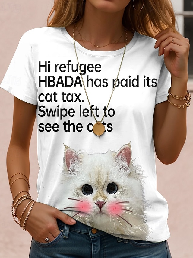 Women's T Shirt Casual Cat Letter Regular Tops Short Sleeve Round Neck ...