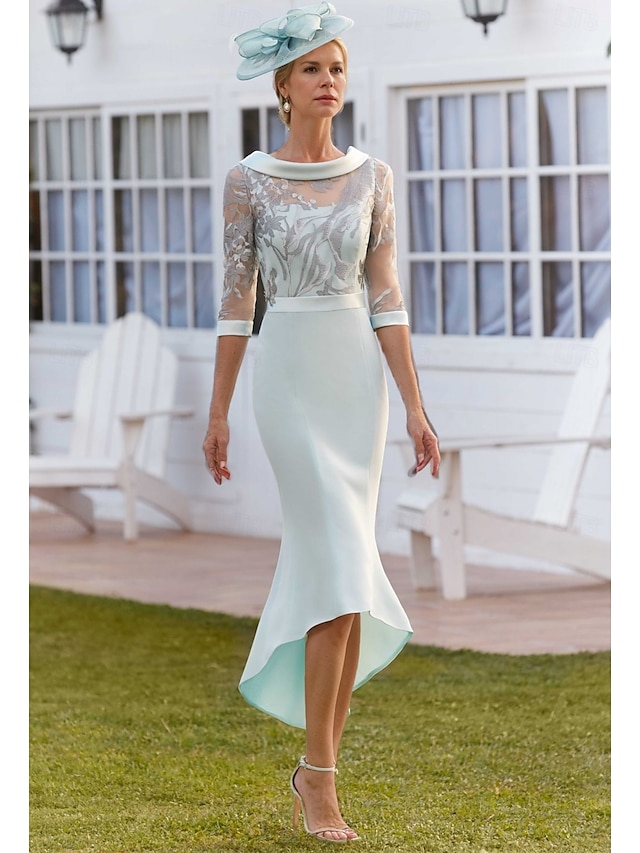  Abito a Sirena  Tromba per la Madre della Sposa Abito Elegante Vintage Collo Gioiello Asimmetrico Lunghezza Tè Tessuto Estensibile Maniche Corte con Pizzo Abito Derby per la Giornata delle Corse 2025