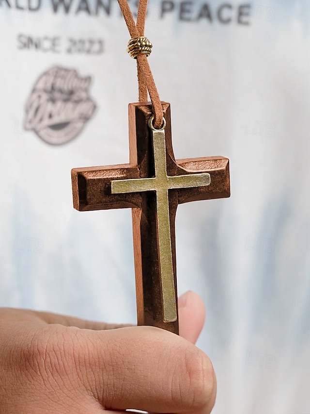  træ vedhængshalskæde til mænd og kvinder – vintage religiøst design med lædersnor, ideel til hverdagsbrug og spirituelle lejligheder