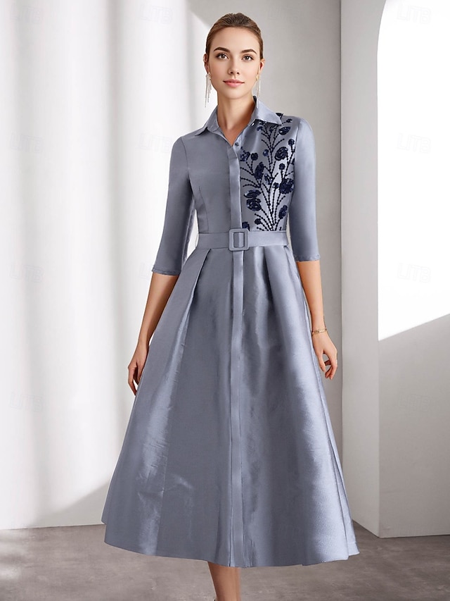  A-Linie Cocktailkleider Elegantes Kleid Festlich Knöchellang 3/4 Länge Ärmel Hemdkragen Gürtel  Schärpe Satin mit Glitzerperlen Derbykleider 2025