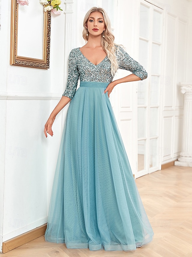  A-Linie Abschlussballkleider Glitzerndes Kleid Formelle Hochzeit Bodendeckend Langarm V-Ausschnitt Tüll mit Glitzer