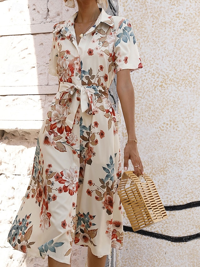  Dames Halflange jurk Casual jurk Elegant Stijlvol Casual Vakantie Dagelijks Normale pasvorm Bloemig Korte mouw Overhemdkraag Abrikoos Licht Blauw Zomer Lente
