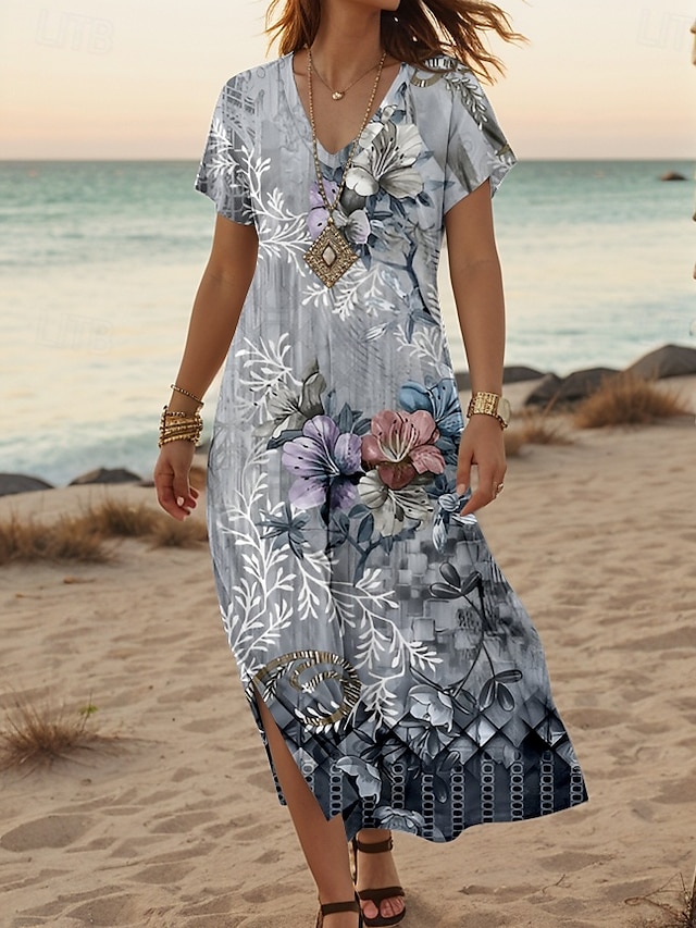  Robe Maxi Femme Robe Décontractée Robe Solaire Robe Shift Stylée Décontractée Manches Tombantes Vacances Quotidienne Coupe Regular Imprimé Floral Manches Courtes Col V Gris Printemps Automne