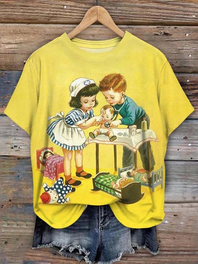  Femme T shirt Rétro Vintage Décontractées Manche Courte Col Rond Hauts réguliers du quotidien Imprimer Jaune Eté