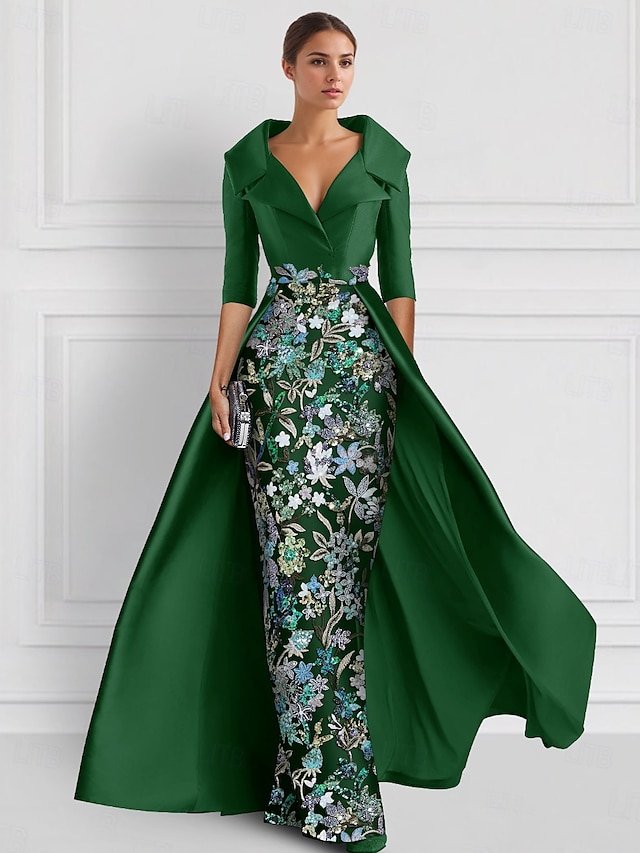  Grøn broderet blomster A-Line aften kjole elegant kjole formel bryllup gulvlængde halv ærme skjorte krave satin med split appliques