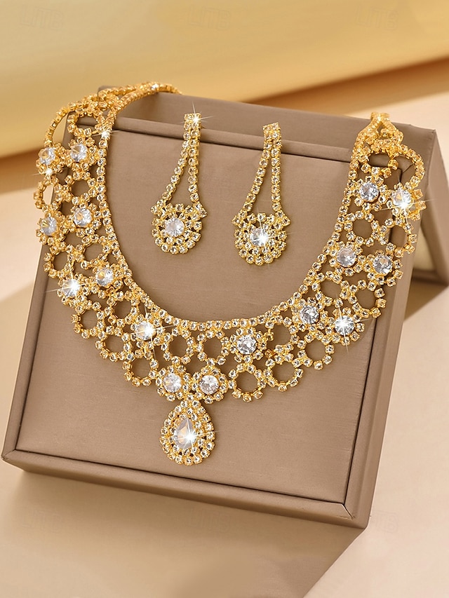  set di collana e orecchini in cristallo dorato da donna – eleganti gioielli con strass per matrimoni, feste e occasioni speciali