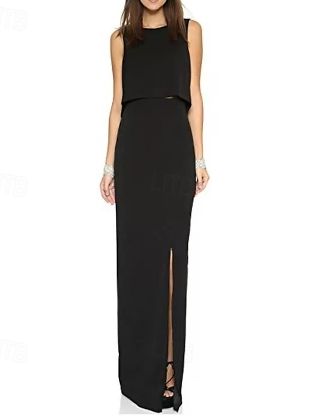  Robe de soirée deux pièces sirène  trompette élégante soirée gala cravate noire longueur complète sans manches col ras du cou mélange de coton sans dos avec fente et frange