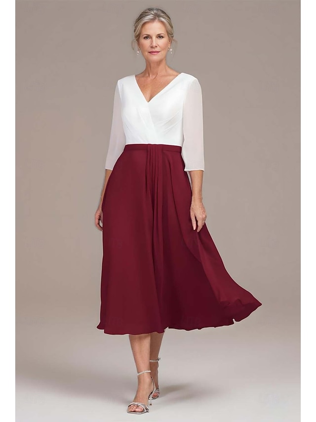  Kleid für die Mutter der Braut, Strandhochzeit, A-Linien-Kleid mit Falten, elegant, schlicht, V-Ausschnitt, wadenlang, Chiffon, 3/4-Ärmel, mit Spitze, einfarbig, 2025