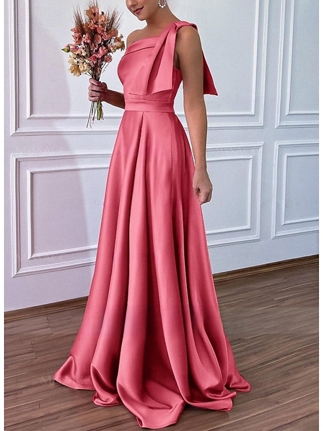  Linha A Vestido de Madrinha Assimétrico Sem Manga Elegante Longo Cetim com Laço(s) 2022