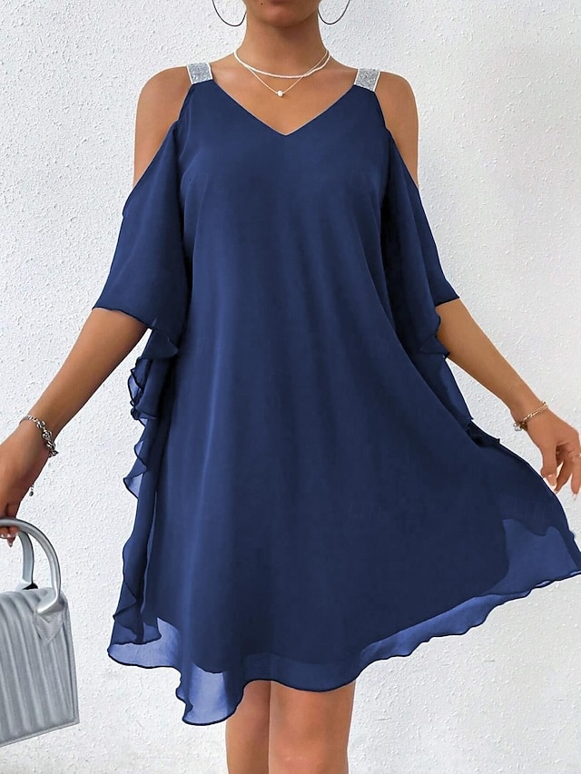  Dame Mini kjole Cocktail Kjole Gæstekjole til bryllup Chiffonkjoler Elegant Kolde skulder Daglig Løstsiddende Helfarve Uden ærmer V-hals Navyblå Sommer Forår Efterår
