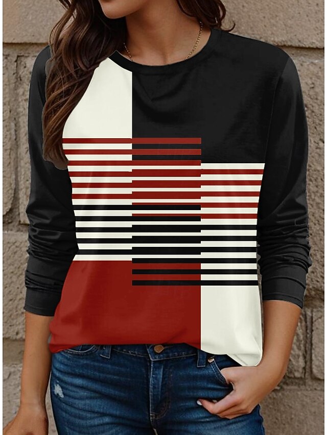 Women's T shirt Long Sleeve Crew Neck Long Sleeve Tunic Color Block Casual Long Tops Daily Print Red Fall Winter Prefall4