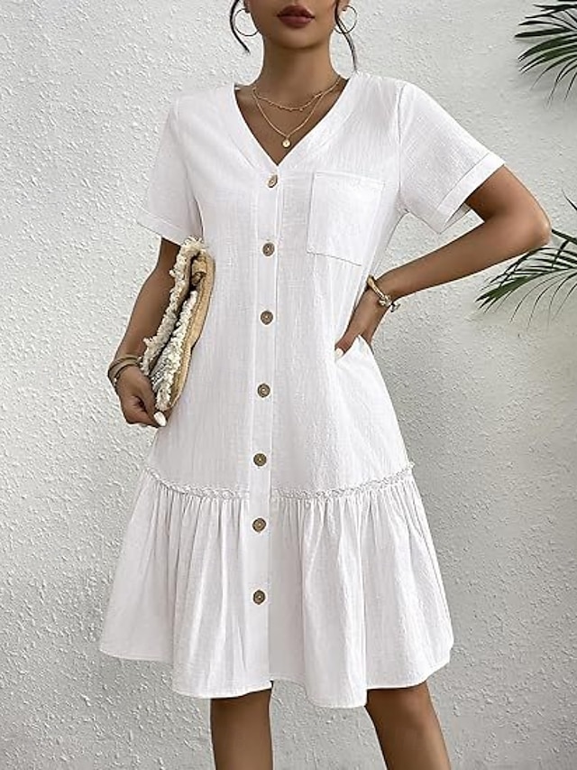  Femmes Mini Robe Robes en coton et lin Élégant Basique Occasionnel Quotidien Coupe régulière Uni Manche Courte Col en V Blanche Jaune Été
