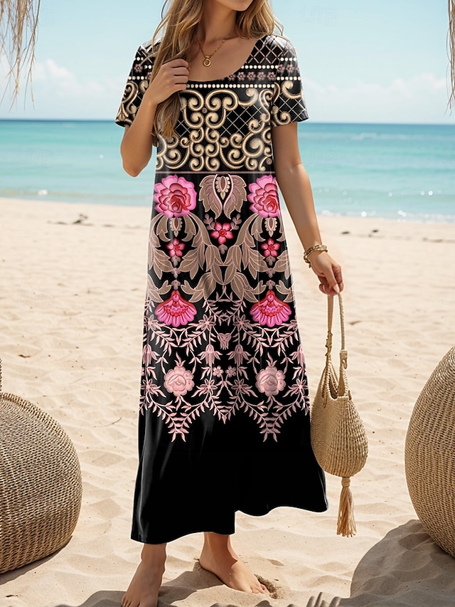  Damen Maxi Kleid Freizeitkleid Sommerkleid Shift Kleid Lässige Tägliche Lässige Passform Floral Kurzarm Rundhalsausschnitt Schwarz Sommer