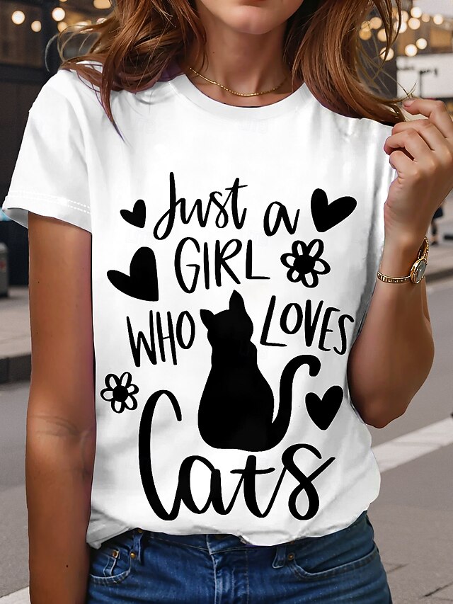 Women's T Shirt Animal Geometric Cat Casual Short Sleeve Crew Neck Regular Tops Daily Buttons Print Asymmetrical Black and White Summer Spring4