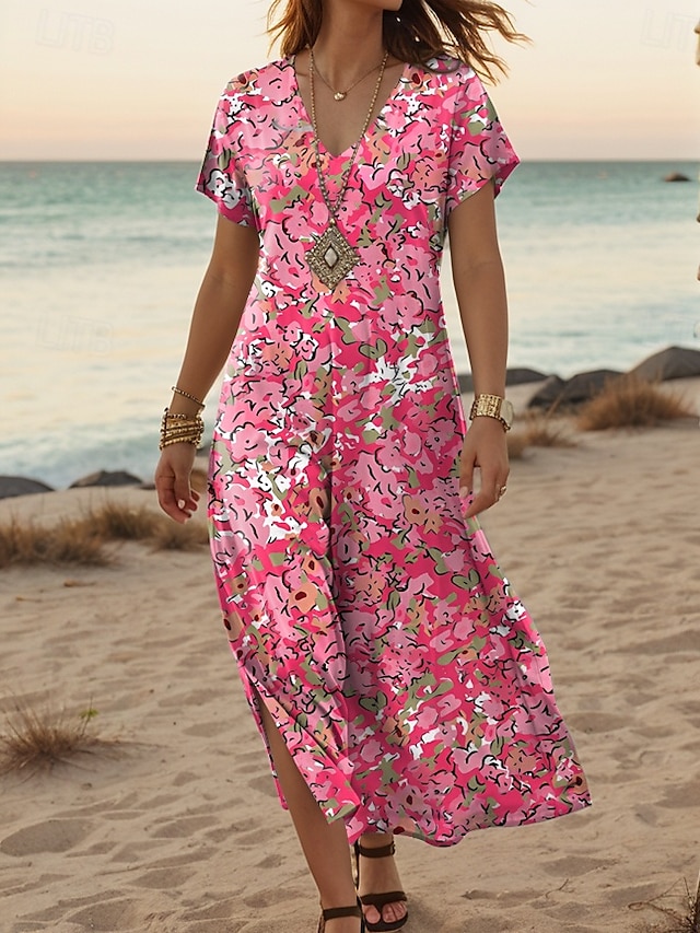  Women's Maxi Dress Casual Dress Sundress Shift Dress Stylish Casual Drop Shoulder Vacation Daily Regular Fit Floral Short Sleeve V Neck Pink Spring Fall