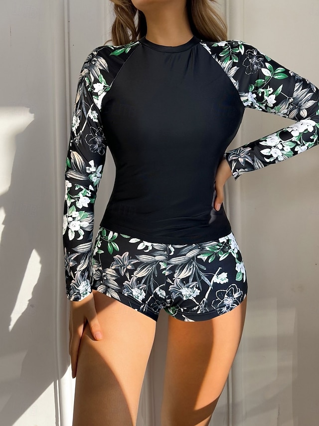  Dam Badkläder Tankini 2 st Pojkeben Baddräkt Öppen rygg Hög midja Semester Standkläder Blommig Rund hals Långärmad Baddräkter