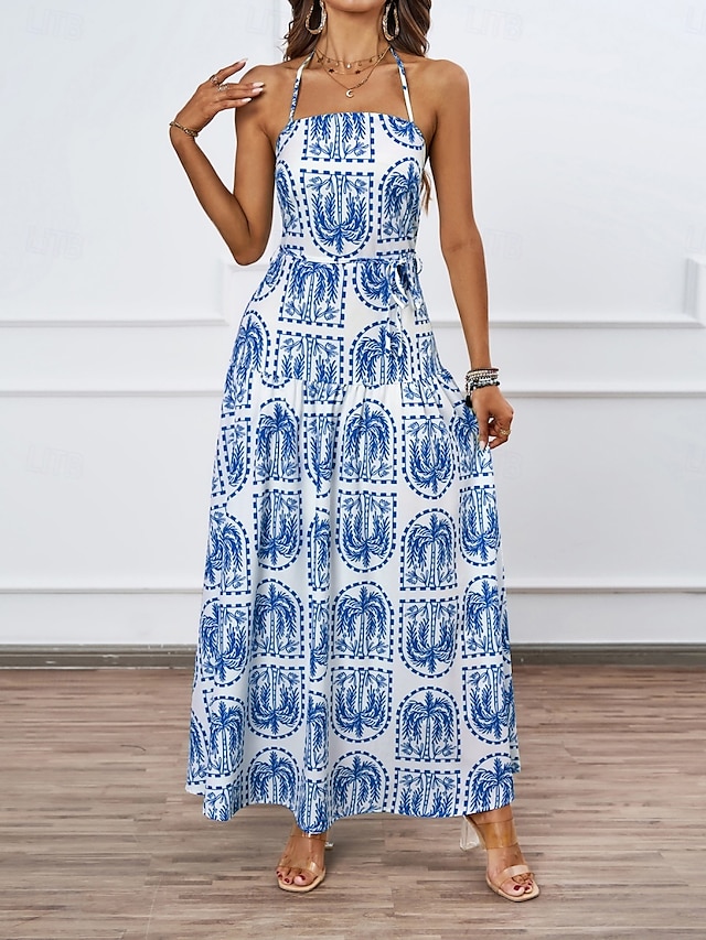  Femme Robe Maxi Robe casual Robe Évasée Robe d'été Robe Trapèze Tropique Décontractées Vacances du quotidien Plage Standard Floral Sans Manches Dos nu Bleu Marron Eté