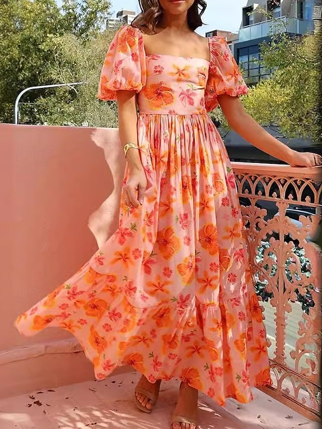  Női Maxiruha hétköznapi ruha Elegáns aranyos stílus Stílusos Flounce Sleeve Vakáció Parti Napi Normál Grafika Rövid ujjú Szögletes Narancssárga Nyár Tavasz
