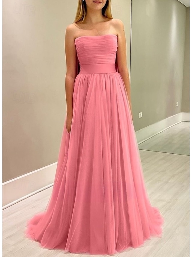  Linha A Vestidos de baile Elegante Vestido Formal Baile de Formatura Cauda Escova Sem Manga Sem Alças Cinto / Faixa Cetim com Laço(s) Pregas Franzido 2025
