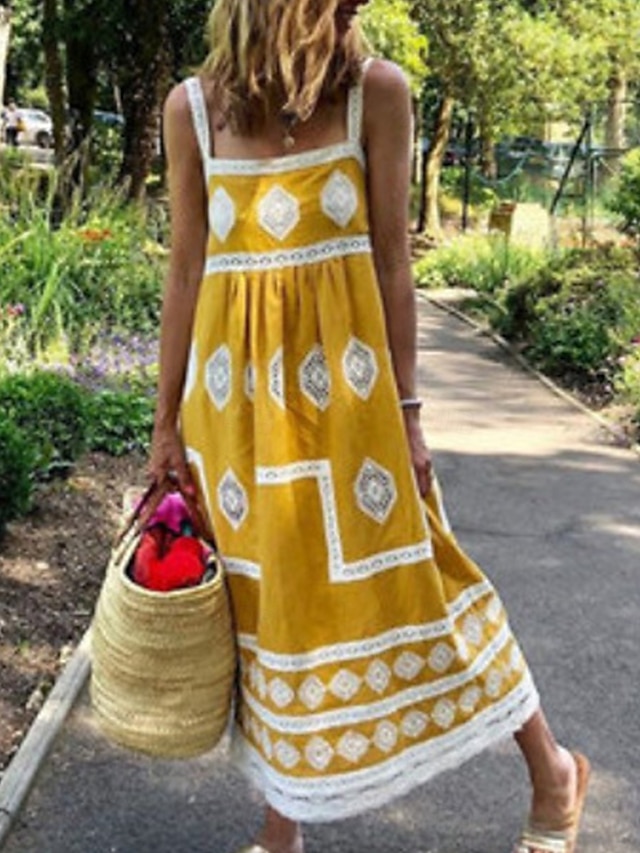 Dam Maxiklänning Vardagsklänning Boho Chic klänningar Boho-klänning bohemliv söt stil Stylish Semester Dagligen Strand Lös passning Grafisk Ärmlös Fyrkantig hals Gul Rubinrött Grön Sommar