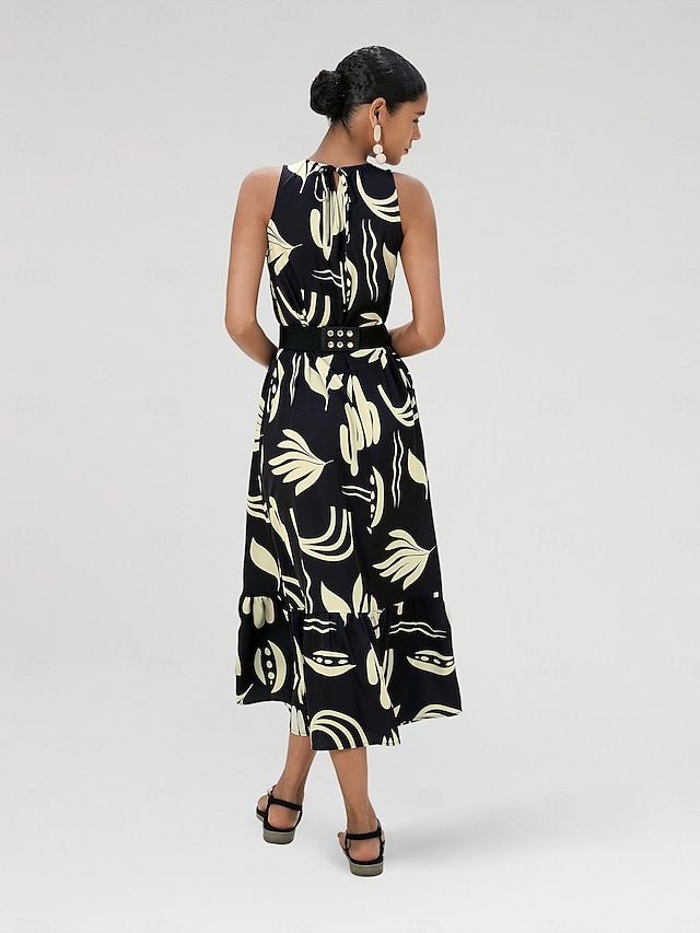  Mulheres Vestido casual Vestido Longo Preto Azul Royal Sem Manga Folhas Primavera Verão Arredondar Casual Diário férias na praia S M L