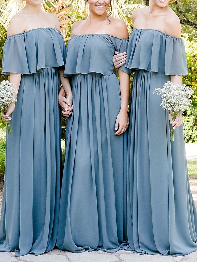  A-Lijn Bruidsmeisjesjurk Sweetheart  Strapless  Off Shoulder Korte Mouw Elegante Vloerlengte Chiffon  Nylon met Plisse  Ruffles  Drapering