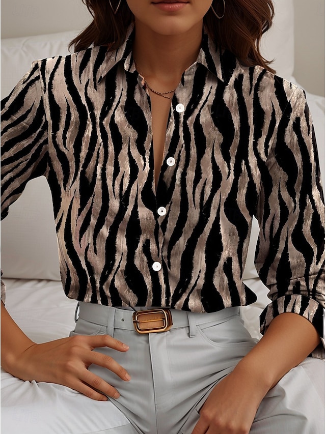  Women's Shirt Animal Geometric Casual Long Sleeve Shirt Collar Regular Tops Work Daily Buttons Print Black Spring Fall Winter