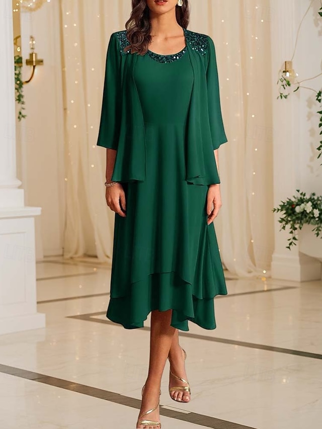  Zweiteiliges Mutter der Braut Kleid Formale Hochzeitsgast Elegantes Vintage Rundhals Tee Länge Chiffon Halblange Ärmel Jacke Kleider mit Pailletten Cascading Rüschen