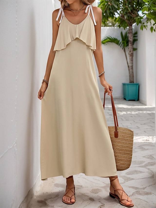  Women's Maxi Dress Casual Dress Slip Dress Stylish Basic Casual Vacation Daily Regular Fit Plain Sleeveless V Neck Apricot Summer Spring