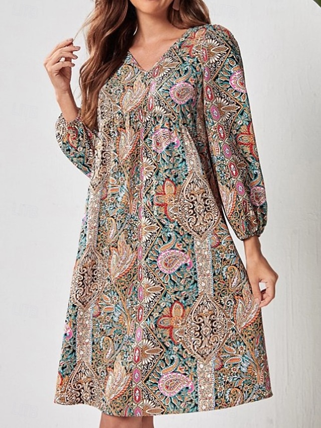  Damen Minikleid Vintage-Kleid A Linie Kleid Boho-Kleid Stilvoll Brautkleider schlicht Urlaub Täglich Regular Fit Blumen Langarm V Ausschnitt Rote Sommer
