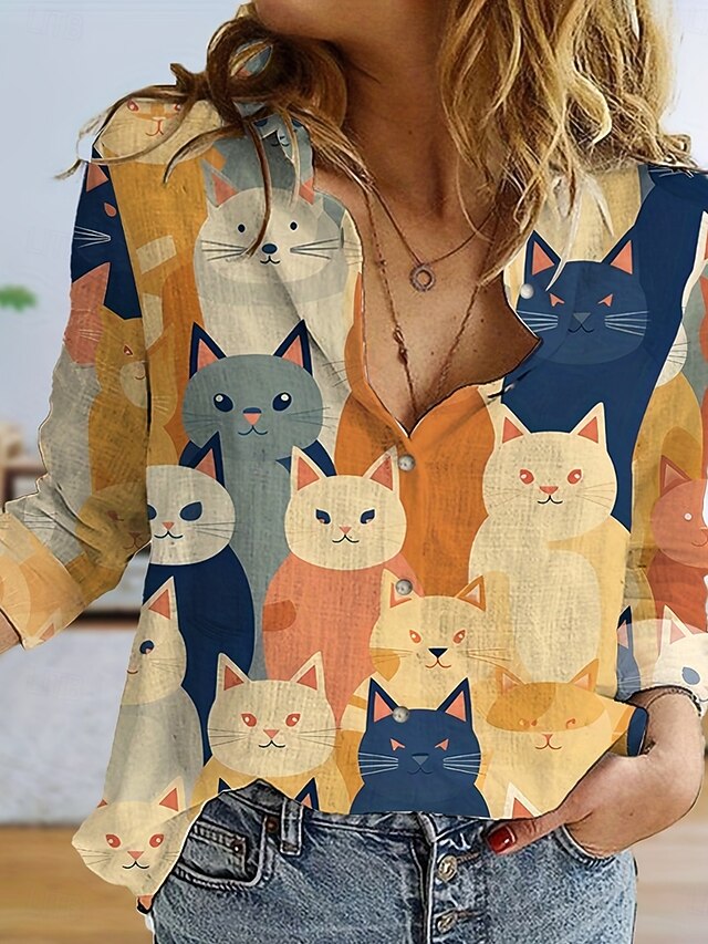 Women's Shirt Button Down Tunic Shirt Collar Long Sleeve Graphic Cat Daily Stylish Long Tops Daily s Print Yellow Spring4