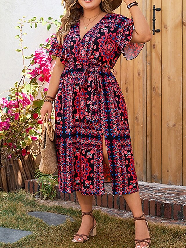  Naisten Pitkä mekko Maxi mekko Rento mekko A linjainen mekko Kesämekko Boho-mekko Tyylikäs Havaijilainen Loma Päivittäin Deitti Ylisuuret Kukka Lyhythihainen Solmittava kaula Rubiini Kesä