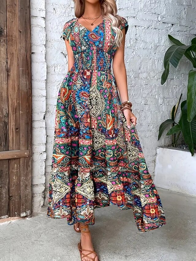 Robe Femme Chic Mode Elegant Ete Sexy Col En V Vacances à La Plage Cool