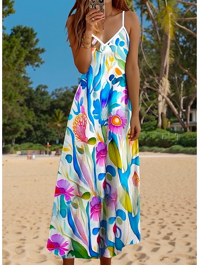  Kvinne Maxi Kjole Casual Kjole Sundress A-Linje Kjole Casual Flowing Ferie Casual Daglig Regelmessig Passform Floral Blad Ermeløs V Utringning Blå Sommer Vår Høst