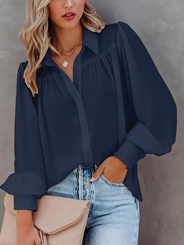  Femmes Chemise Chemisier Couleur Unie Élégant Occasionnel manche longue Col de chemise Hauts Réguliers Quotidien Boutons Noir Blanche bleu marine Bleu Poudré Violet Été Printemps