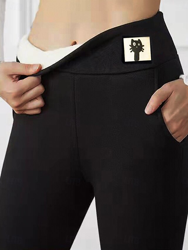 Women's Fleece Pants Tights Leggings Basic Casual Lounge Full Length High Waist Solid Color High Cut Thermal Warm High Elasticity Office Daily Lamb wool leggings (kitten) Fall & Winter Skinny 6