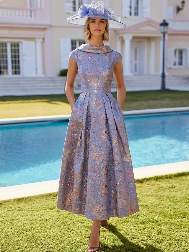  Blumenlila A-Linie Kleid Brautmutter Kleid Elegantes Vintage V-Ausschnitt Knöchellang Polyester Kurzarm mit Stickerei Jacquard Derbykleid Rennsportskleid Hochzeitsgastkleid 2025