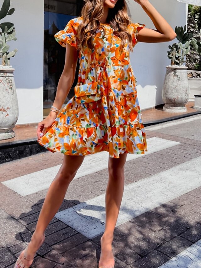  Pentru femei Rochie Mini Rochie casual Rochie A line Stilat Casual Vacanță Zilnic Fit regulat Floral Manșon scurt Stil Nautic Galben Albastru piscină Fucsia Vară