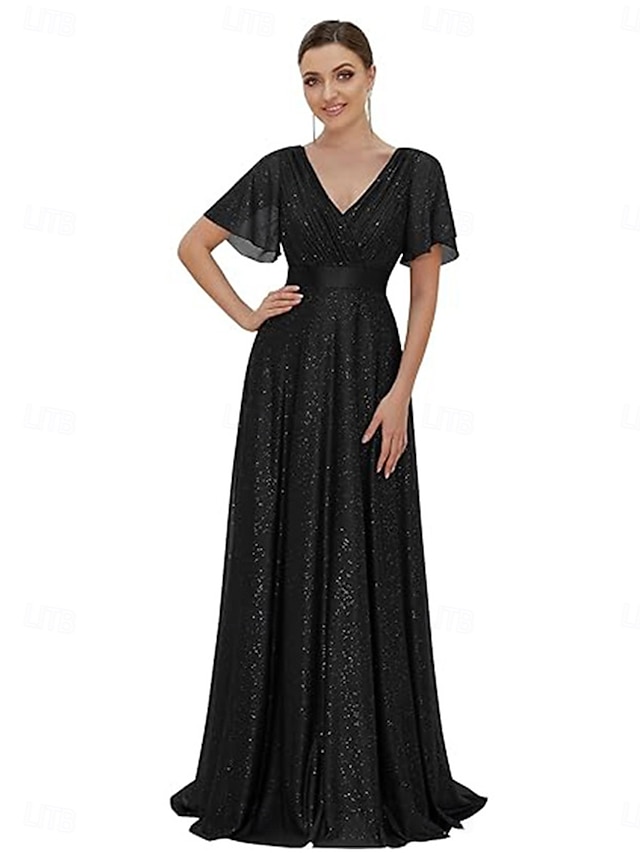  Robe de demoiselle d'honneur A-line décolleté en V manches courtes élégante longueur de sol chiffon avec fente avant