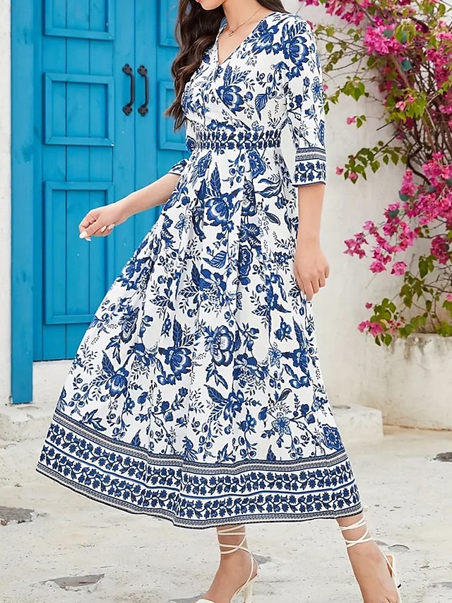  Dámské Midi šaty Áčkové šaty Letní šaty Boho šaty Elegantní stylové Geleneksel Dovolená Denní Rande Běžný Květinový 3/4 délka rukávu Do V Vodní modrá Léto