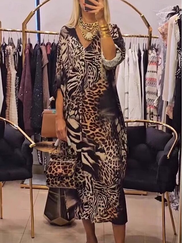  Femme Robe Maxi Robe casual Robe Droite mode Décontractées Vacances Travail du quotidien Ample Léopard manche longue Col V Léopard Eté Printemps Automne