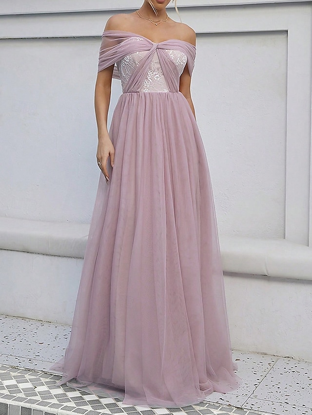  Linia -A Rochie Domnișoară Onoare De Pe Umăr Fără manșon Elegant Lungime Podea Nailon cu Eșarfă / Panglică 2022