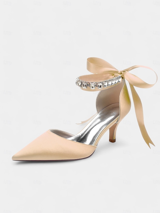  Blue Satin Pointed-Kitten Heels with Rhinestone Ankle Strap and Bow Tie - Elegant Wedding or Evening Shoes