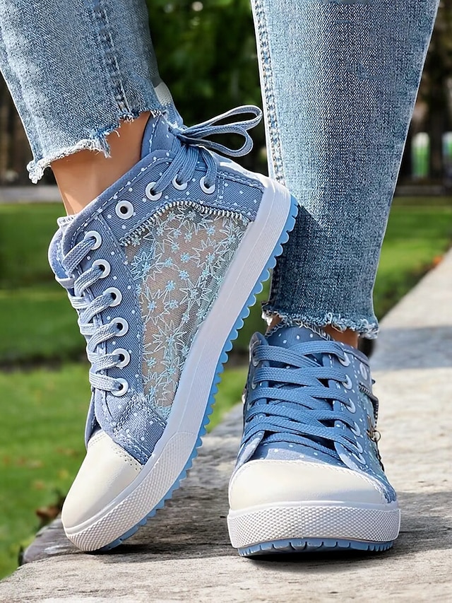  sneakers alte in tela con lacci blu da donna con pannelli in rete ricamati, design a pois per abbigliamento casual e outdoor