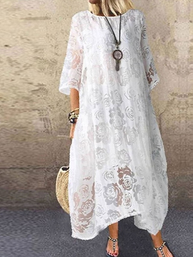  Mujer Vestido Midi Vestido negro Vestido de encaje Elegante Casual Vacaciones Fiesta Trabajo Ajuste regular Plano Manga Corta Cuello Barco Negro Blanco Rojo Verano Primavera Otoño