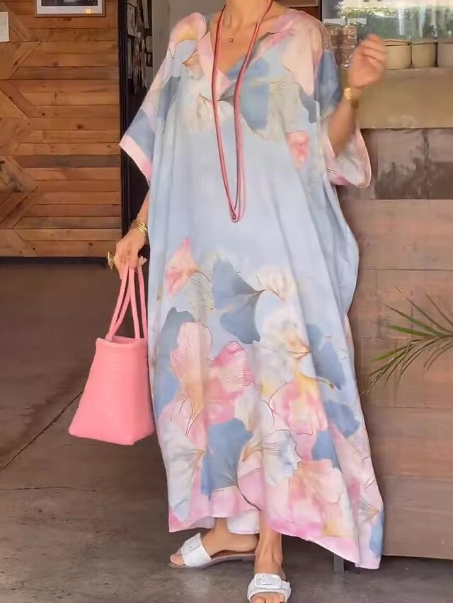 Women's Maxi Dress Casual Dress Shift Dress Stylish Casual Vacation Daily Date Loose Fit Floral Short Sleeve V Neck Pink Blue Summer Spring4