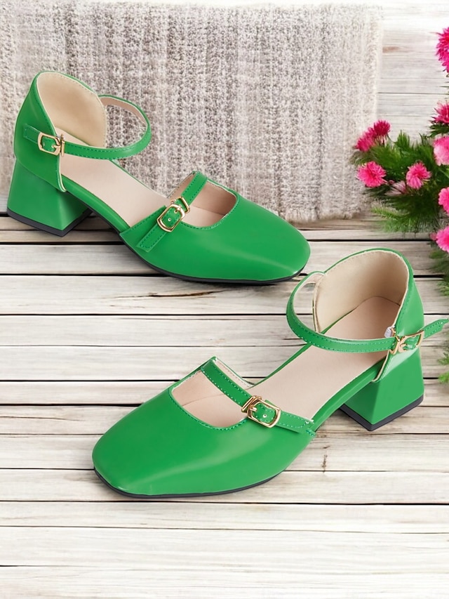  scarpe da donna con tacco a blocco mary jane retrò – pelle verniciata verde brillante con cinturini regolabili, perfette per ufficio, feste e outfit casual